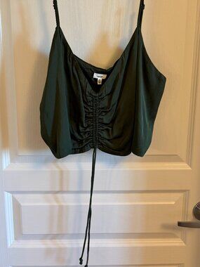 Aerie Cinched Satin Rouched Tank Top with Drawstrings - Olive Green, XL